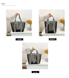 Three sizes of black mesh tote bags with striped ribbon and bow details in a comparative view