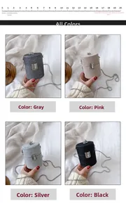 Mini cylindrical crossbody bags shown in grey, pink, silver, and black with metal chains