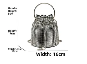 Silver bucket bag with rhinestones, handle 8cm, height 17cm, depth 12cm, width 16cm
