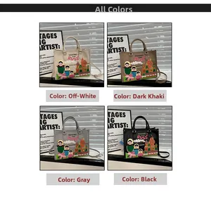Detailed grid showing four colors of Russian souvenir tote bags with doll embroidery