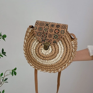 Borsa A Tracolla Rotonda In Paglia Intrecciata Bohémien Etnica Patta In Sughero Stampata Borsa Da Spalla Vacanze Estive Donna