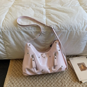 Sac À Épaule Femme En Simili Cuir Brillant Avec Rivets Et Fermetures Éclair Décoratives Style Y2K Punk Hobo