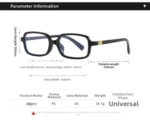 Detailed size chart for R5011 square blue light glasses with precise measurements