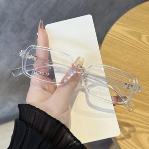 Detailed view of transparent rectangular frames with visible silver hinges for women