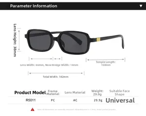 Detailed dimension guide for black square sunglasses R5011 with PC frame and AC lens