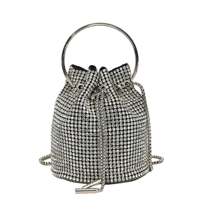 Sparkling silver rhinestone bucket bag with drawstring closure and round metal handle