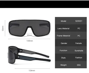 Detailed size chart for S25001 outdoor cycling sunglasses with 55mm frame height and 25g weight