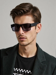 Close-up of men's matte black square polarized sunglasses on a model wearing a suit