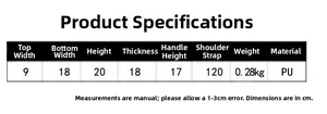 Detailed size chart for the PU shoulder bucket bag including width, height and strap dimensions