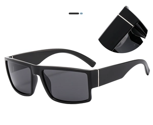 Detail of square polarized sunglasses hinges with silver metal accents and black frame