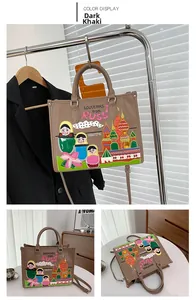 Detail view of Dark Khaki tote bag featuring Russian Matryoshka doll and cathedral print
