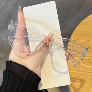 Macro detail of transparent cat-eye glass frames showing crystal clear texture and quality