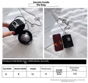 Detailed size chart for mini sequin cylinder bag with dimensions and strap length