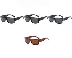 Detail showing four stylish polarized square sunglasses in black, blue and tea colors