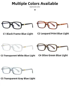 Detail of square anti-blue light glasses frames in five colors with gold metal accents