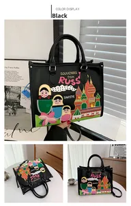 Detail of Mexican style black tote bag with colorful Russian doll embroidery design