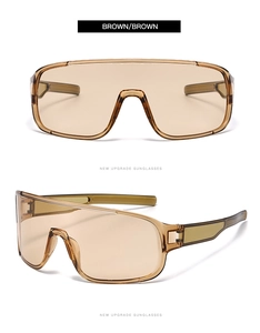 Detail view of brown wraparound cycling sunglasses with streamlined anti-slip temples