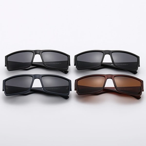Detailed view of four pairs of polarized square sunglasses in various matte frame colors