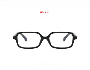 Front view detail of black square optical glasses frame with blue light blocking lenses