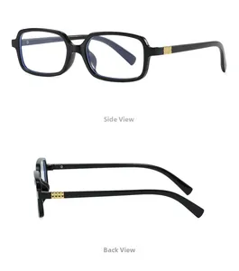 Side and back view of black rectangular glasses frames with gold rivet accents