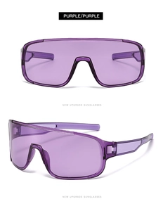Close-up of purple cycling sunglasses showing full frame design and sporty side profile