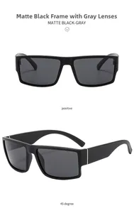Detail view of matte black square sunglasses with grey polarized lenses and silver accents