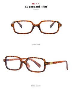 Detail of leopard print square glasses frames with golden metal mesh hinges