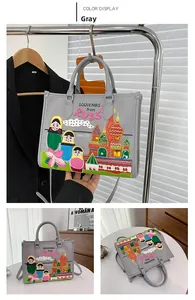 Close-up of gray tote bag featuring colorful Russian doll embroidery and St. Basil Cathedral
