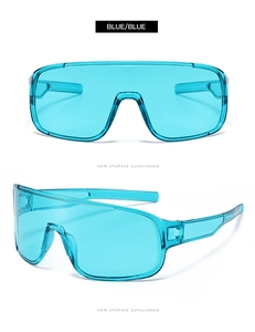 Detail view of blue wrap-around cycling sunglasses with high-quality translucent frame
