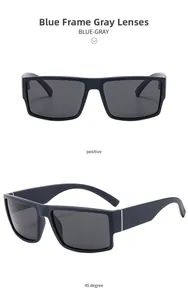 Detail view of square polarized sunglasses featuring blue frames with gray lenses