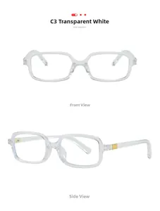 Detail view of transparent square frames with gold textured hinge and anti-blue light lenses