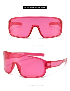 Front and side view of rose pink cycling sunglasses with a large frame design