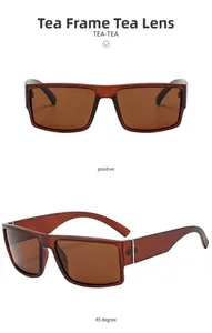 Detail view of tea-colored square polarized sunglasses with wide temples and metal accents