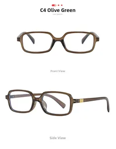 Detail view of olive green square frame glasses with gold textured metal hinges