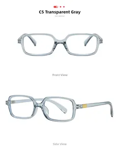 Detail of square transparent grey glasses frame with gold metal hinge accents