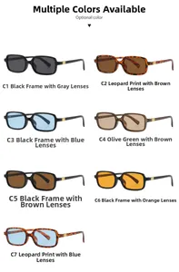 Detailed grid showing seven color options of retro square sunglasses with metal decor