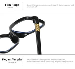 Detail of square glasses featuring textured metal temples and firm hinge components