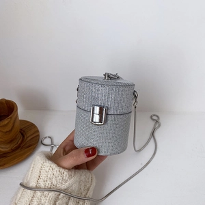 Women Mini Cylinder Crossbody Bag Glitter Sequin Fashion Round Shoulder Pouch With Metal Chain And Lock