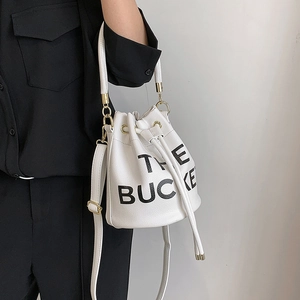Fashion Women Bucket Bag Lychee Pattern PU Leather Drawstring Golden Hardware Printed Lettering Urban Chic Daily Handbag