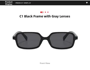 Front view of vintage rectangular black frame sunglasses with dark gray lenses