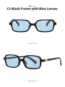 Detail view of square black sunglasses featuring light blue lenses and gold metal accents