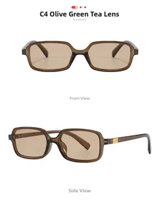 Close-up of olive green square sunglasses with gold lattice details on the temples