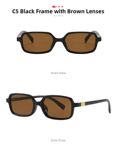 Detail of square sunglasses with black frame, tea lenses and golden hinge accents