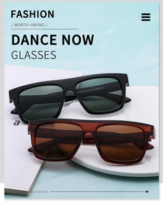 Close-up of polarized square sunglasses with stylish black and amber frames and CE marking