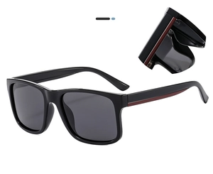 Detail view of black square polarized sunglasses with burgundy stripe on temple arms