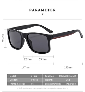 Detailed size chart for square polarized sunglasses with precise frame measurements