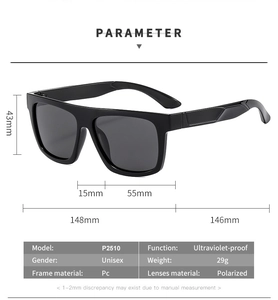 Detailed dimension chart and technical specs for polarized square frame sunglasses