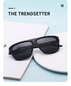 Detail of polarized lenses with CE mark and matte black frame on modern display