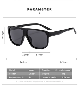 Detailed size chart for P2513 polarised oversized sunglasses with technical specifications