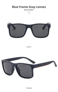 Dual view of square polarized sunglasses with matte blue frames and gray lenses